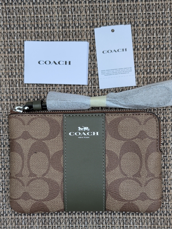 Coach Handbags - Coach Brown Signature Canvas Wristlet with Olive Center Stripe (58035) NWT
